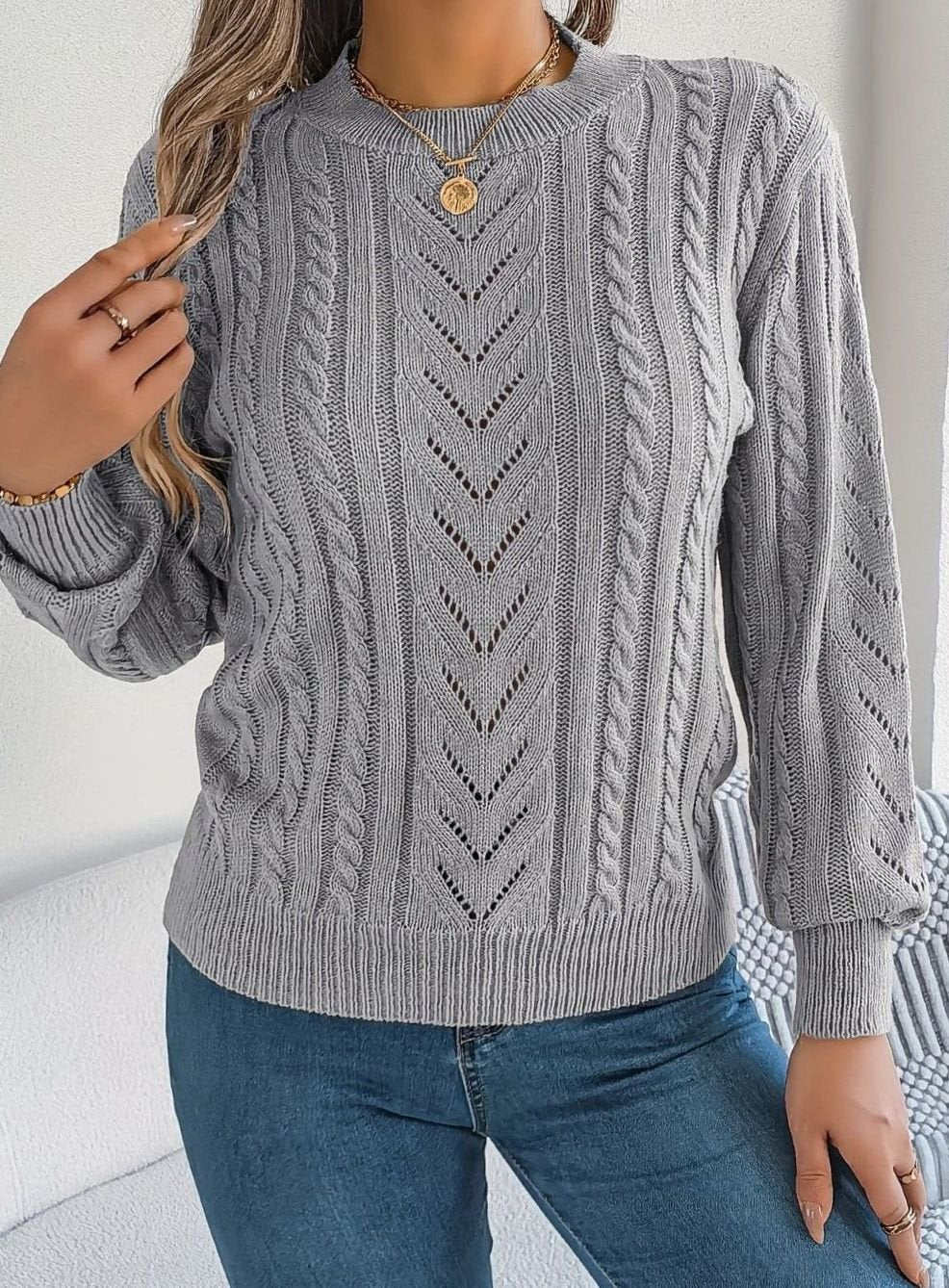 Women's Cable-Knit Openwork Relaxed Crewneck Sweater