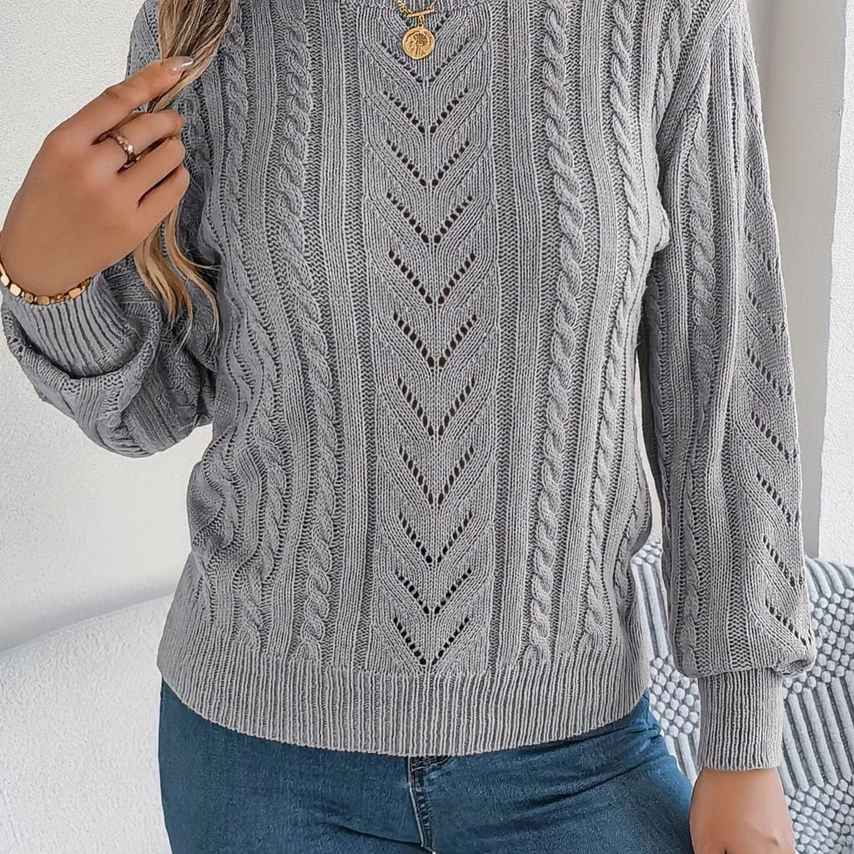 Women's Cable-Knit Openwork Relaxed Crewneck Sweater