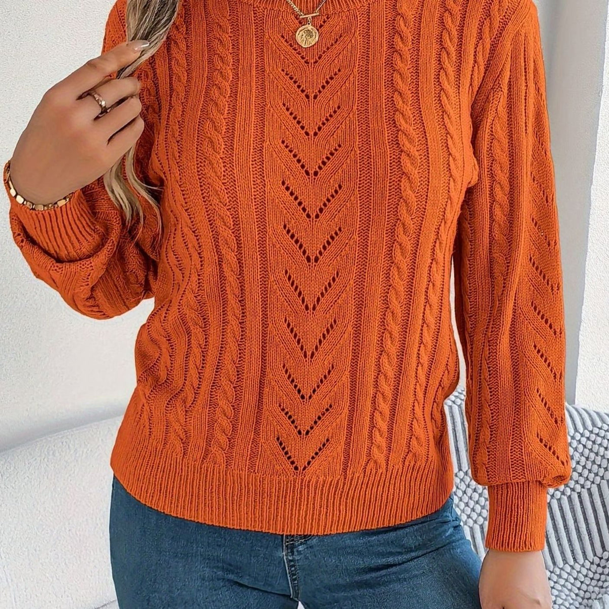 Women's Cable-Knit Openwork Relaxed Crewneck Sweater