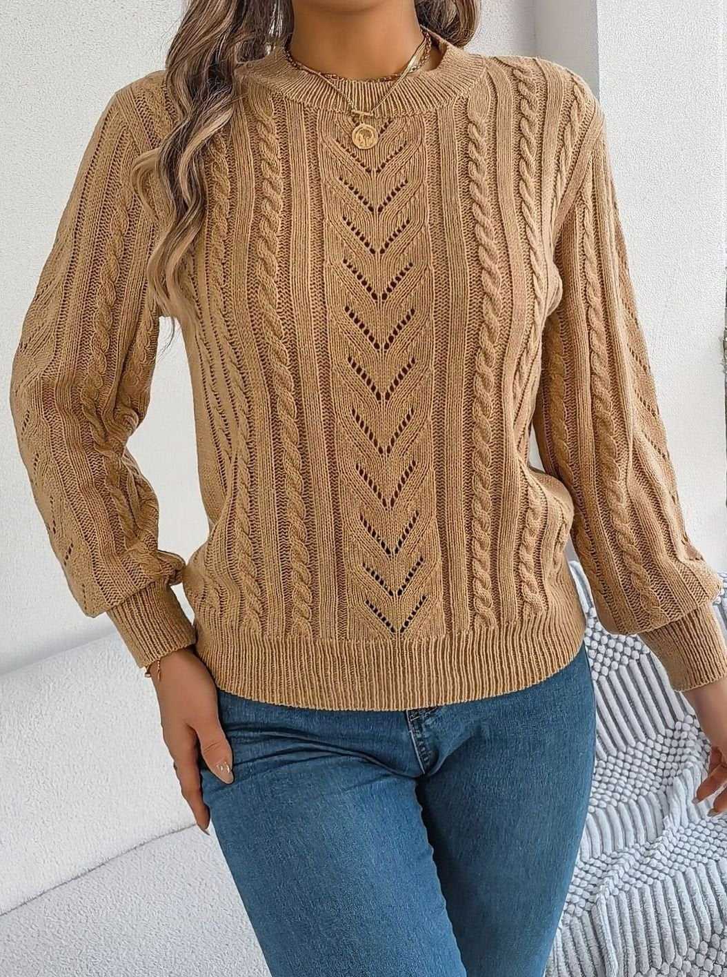 Women's Cable-Knit Openwork Relaxed Crewneck Sweater