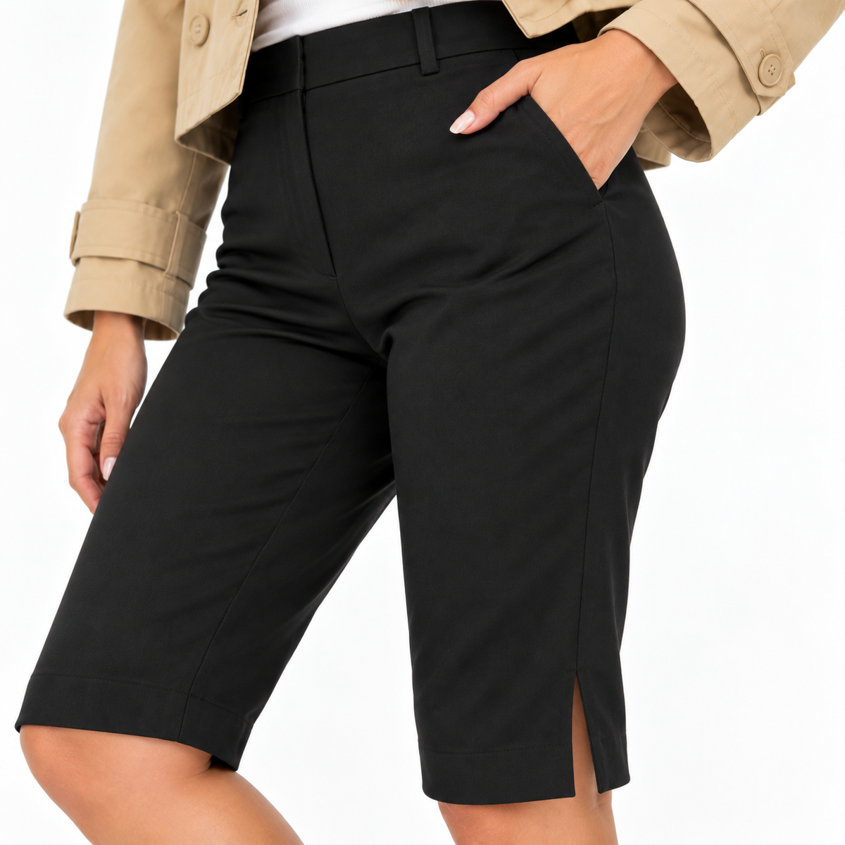 Women's Capri Pants | Spandex-Nylon Blend & High Waist | Knee-Length Stretch Pants with Side Slits for Casual & Evening Wear