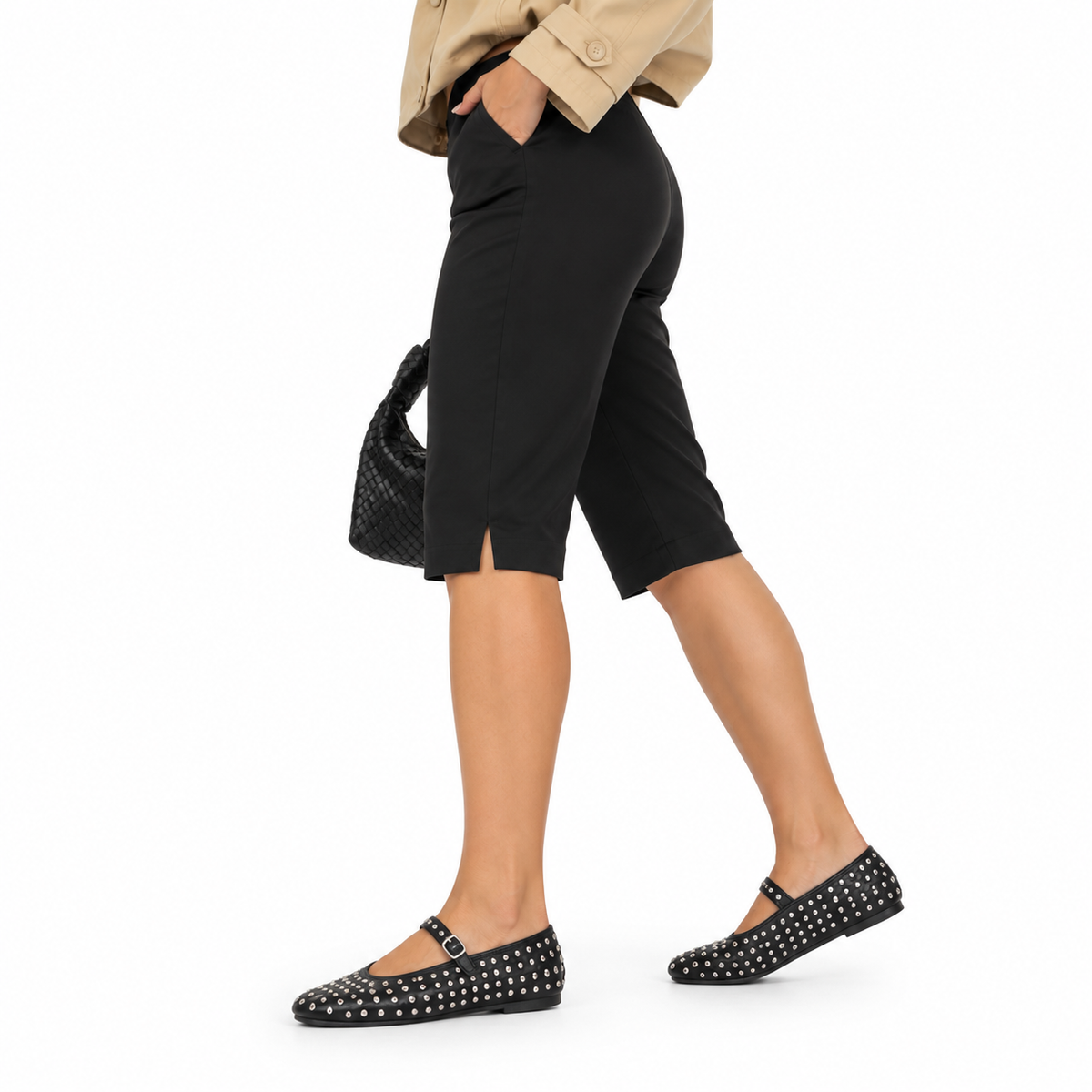 Women's Capri Pants | Spandex-Nylon Blend & High Waist | Knee-Length Stretch Pants with Side Slits for Casual & Evening Wear