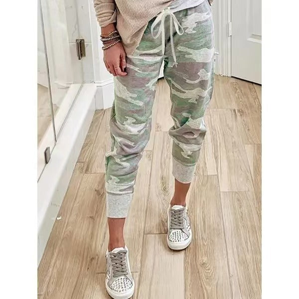 Women's Casual Camouflage Joggers with Drawstring and Ribbed Cuffs