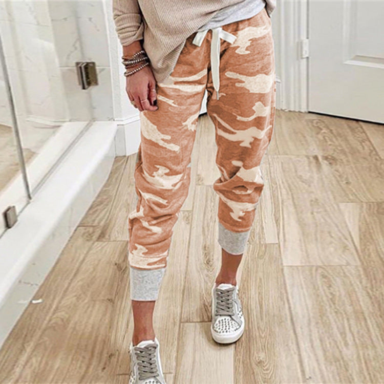 Women's Casual Camouflage Joggers with Drawstring and Ribbed Cuffs