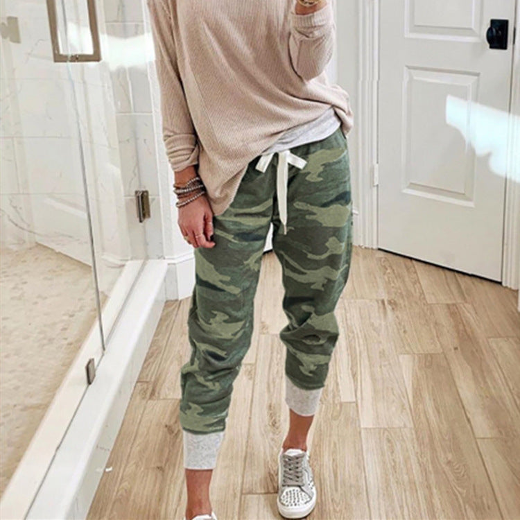Women's Casual Camouflage Joggers with Drawstring and Ribbed Cuffs