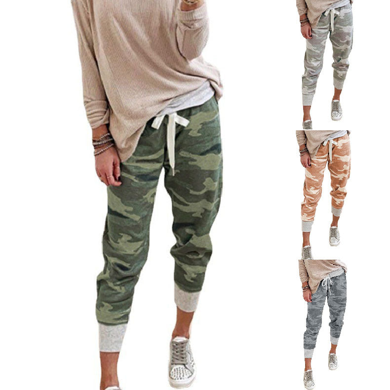 Women's Casual Camouflage Joggers with Drawstring and Ribbed Cuffs