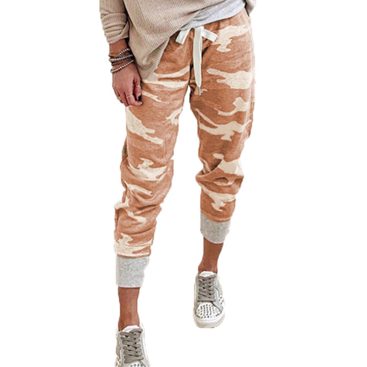 Women's Casual Camouflage Joggers with Drawstring and Ribbed Cuffs