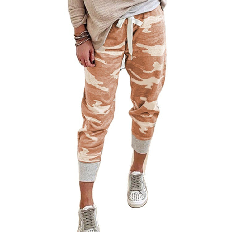 Women's Casual Camouflage Joggers with Drawstring and Ribbed Cuffs