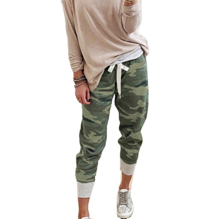 Women's Casual Camouflage Joggers with Drawstring and Ribbed Cuffs
