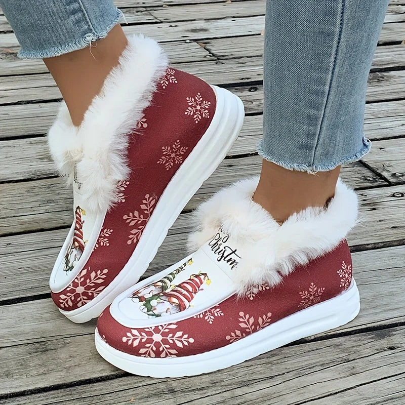 Women's Christmas Gnome Print Fuzzy-Lined Snow Boots