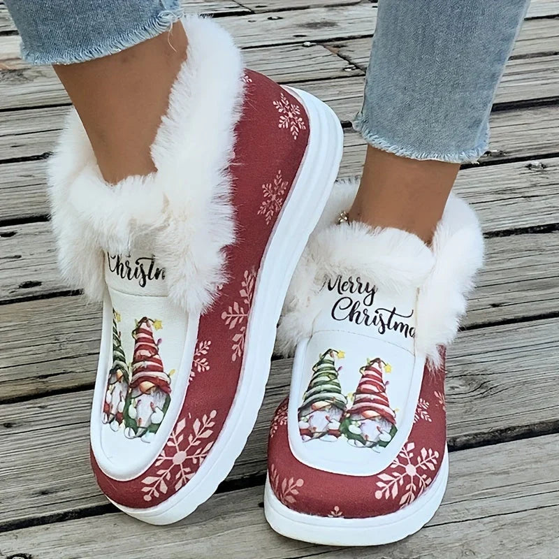 Women's Christmas Gnome Print Fuzzy-Lined Snow Boots