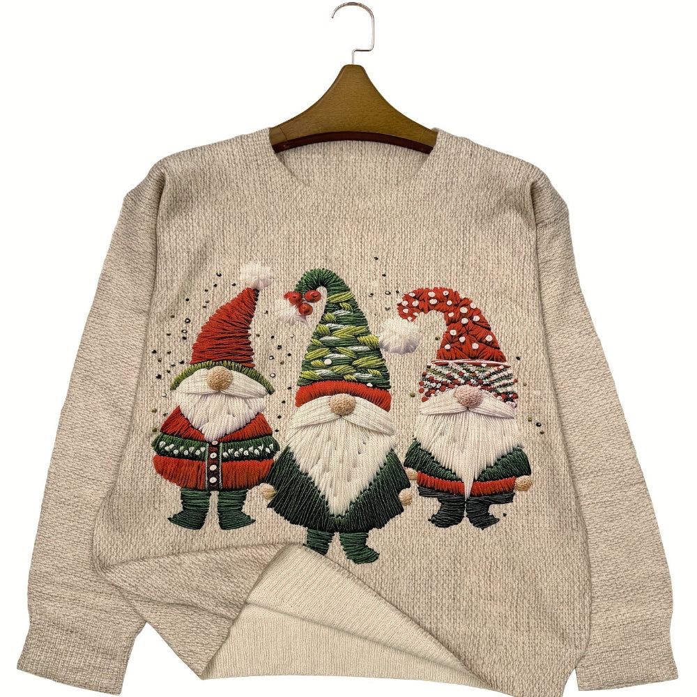 Women's Christmas Sweater with Funny Embroidered Gnome Design