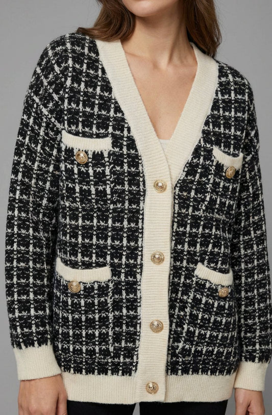 Women's Chunky Knit V-Neck Tweed Cardigan with Gold Buttons