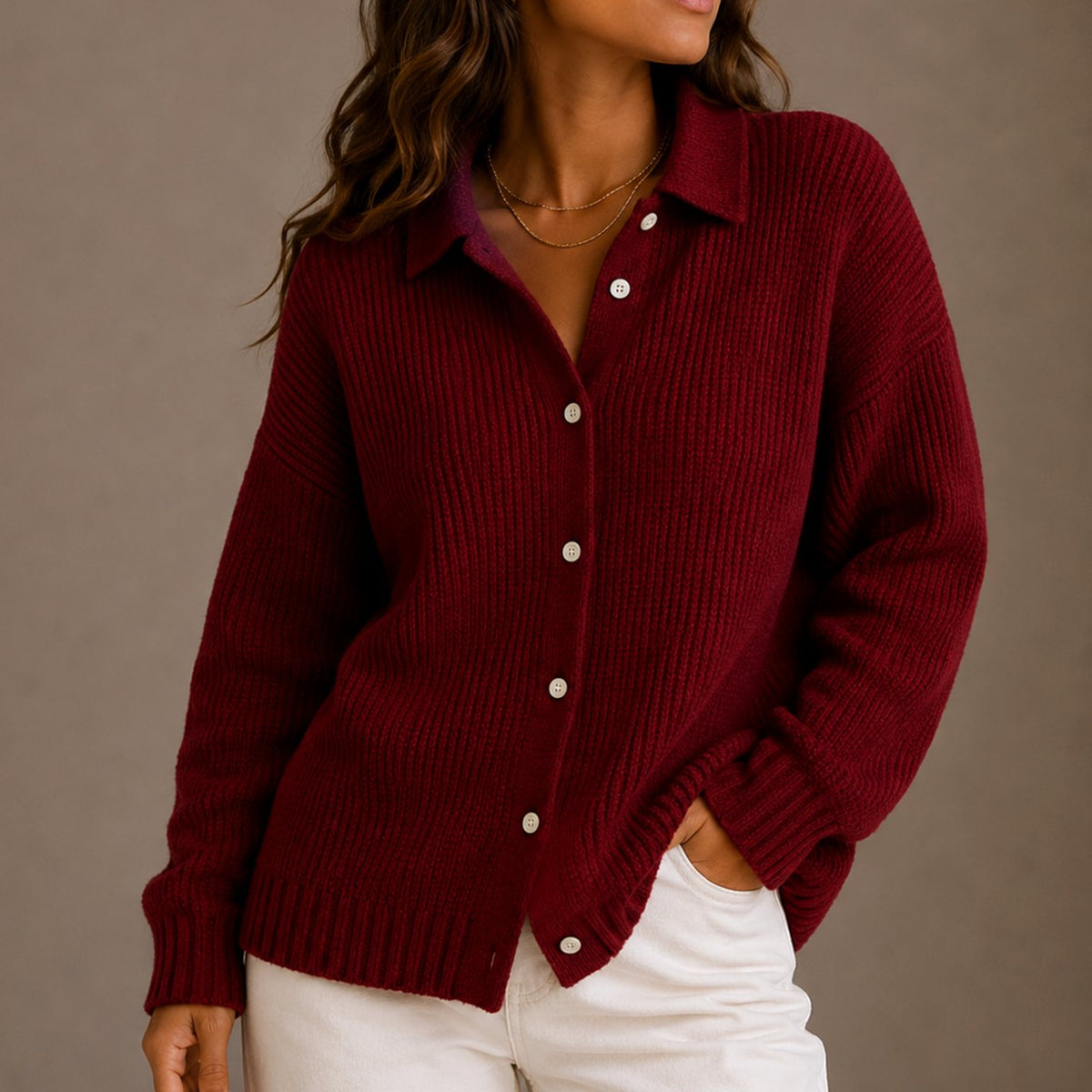 Women's Collared Button-Up Ribbed Knit Cardigan