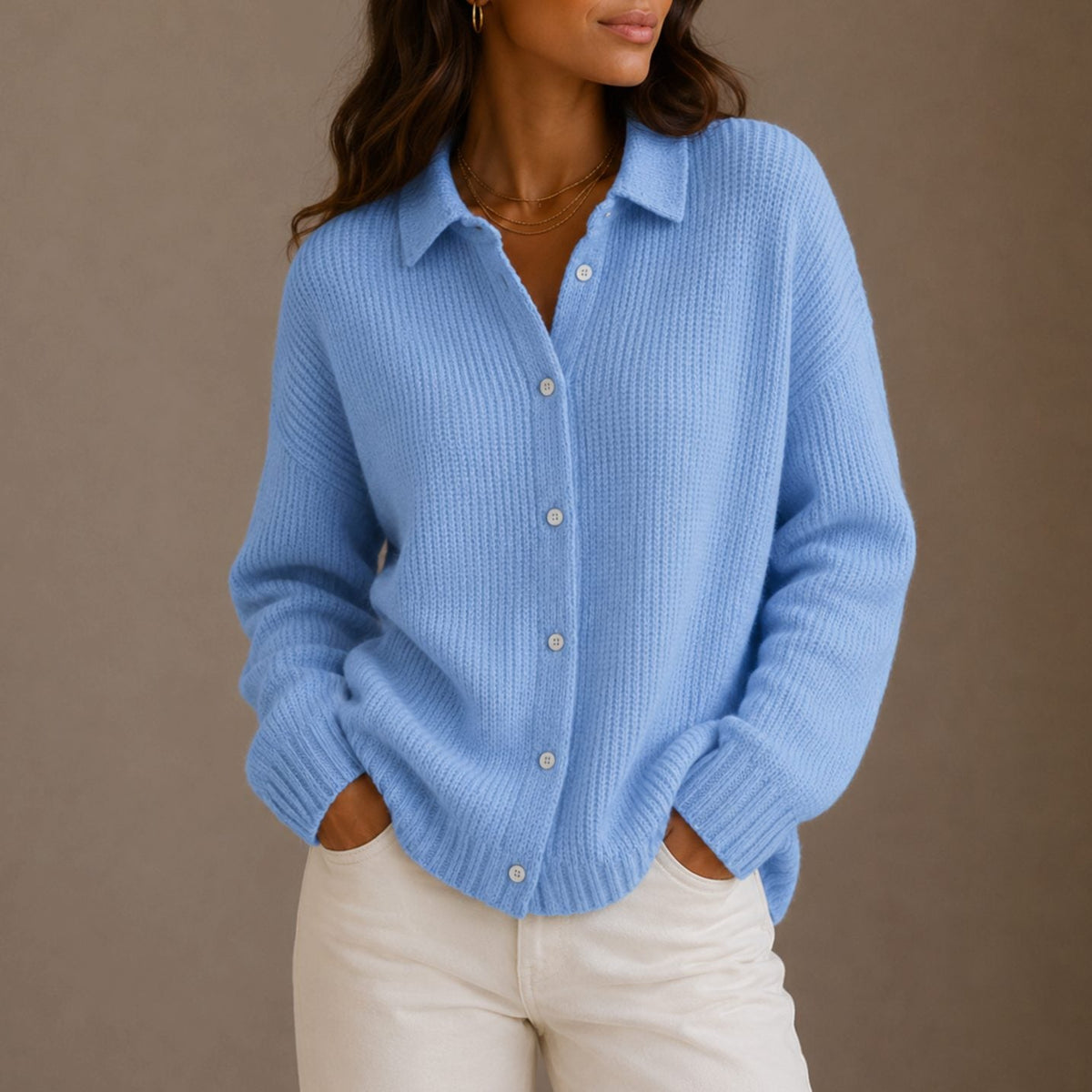Women's Collared Button-Up Ribbed Knit Cardigan