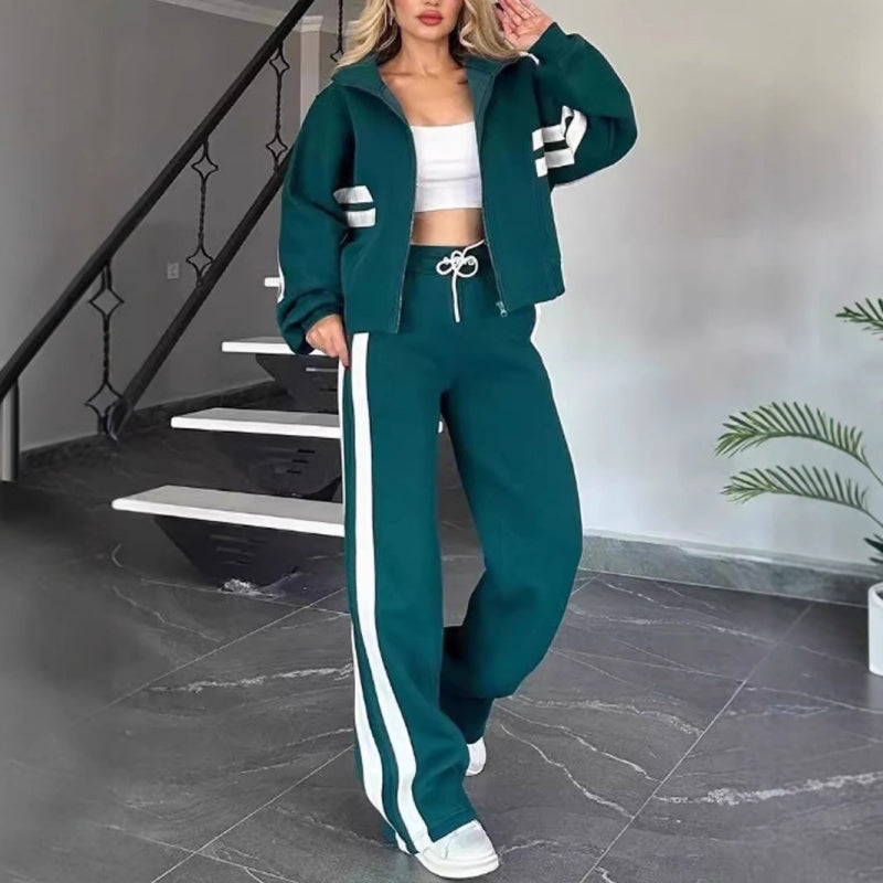 Women's Contrast Stripe Zip-Up Lounge Tracksuit Set