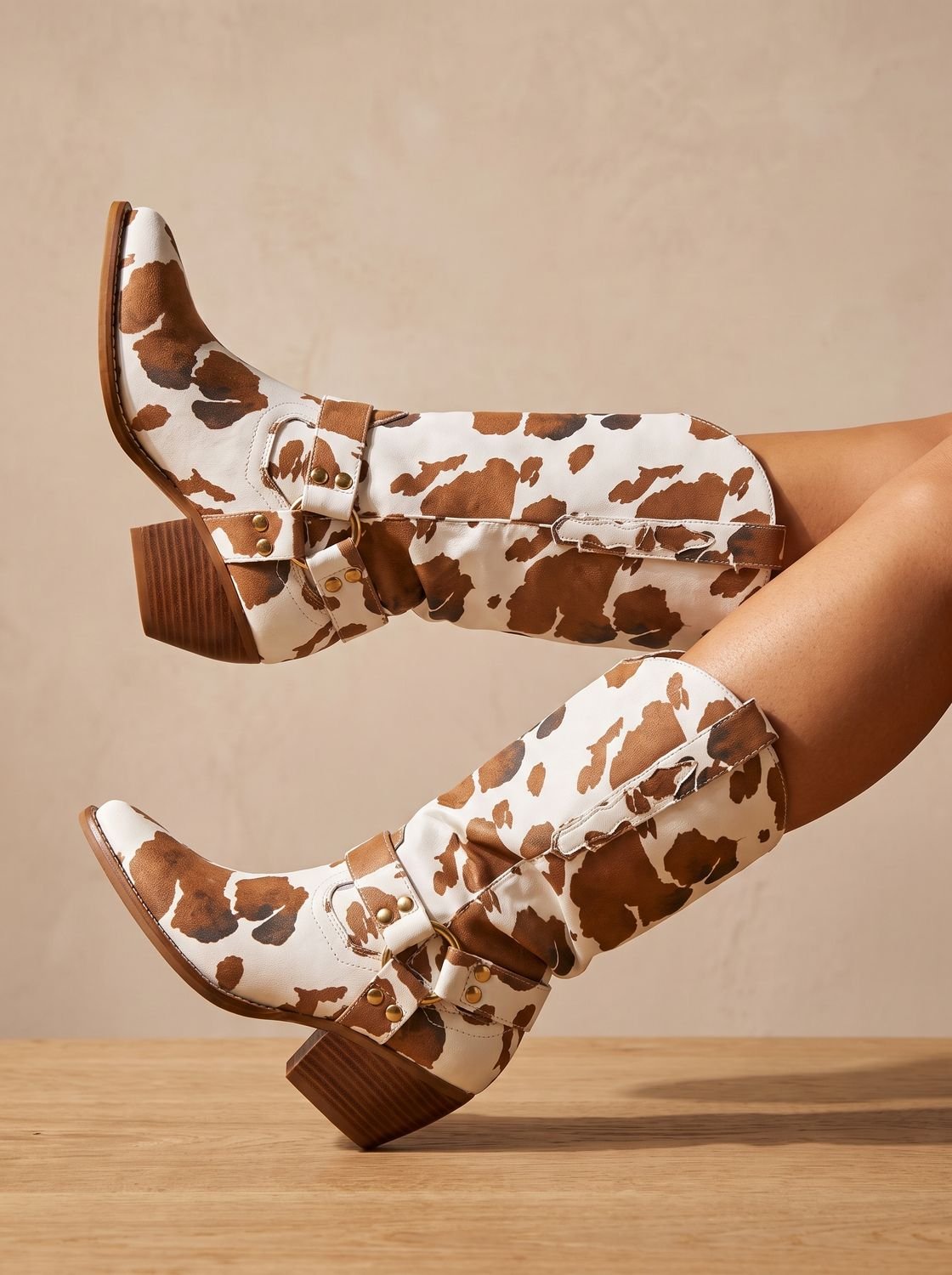 Women's Cow-Print Pointed-Toe Block-Heel Western Cowboy Boots