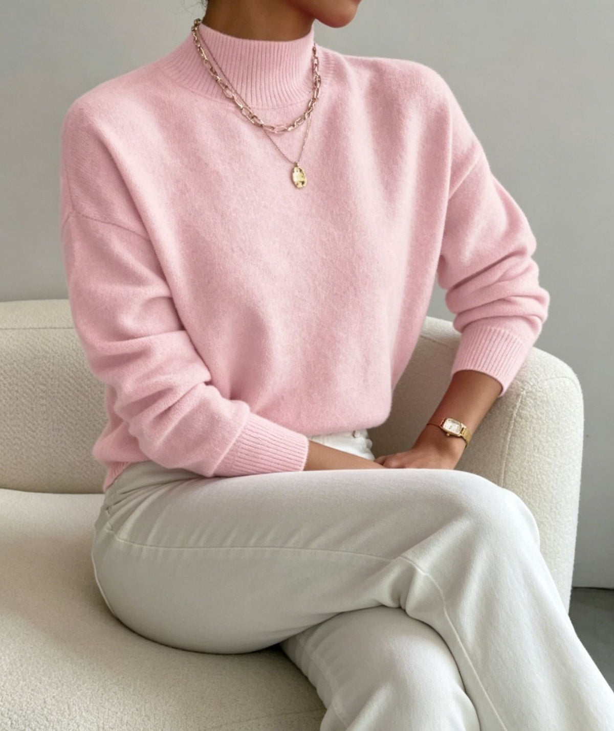 Women's Cozy Fine-Knit Sweater with Stand-Up Collar and Drop Shoulders