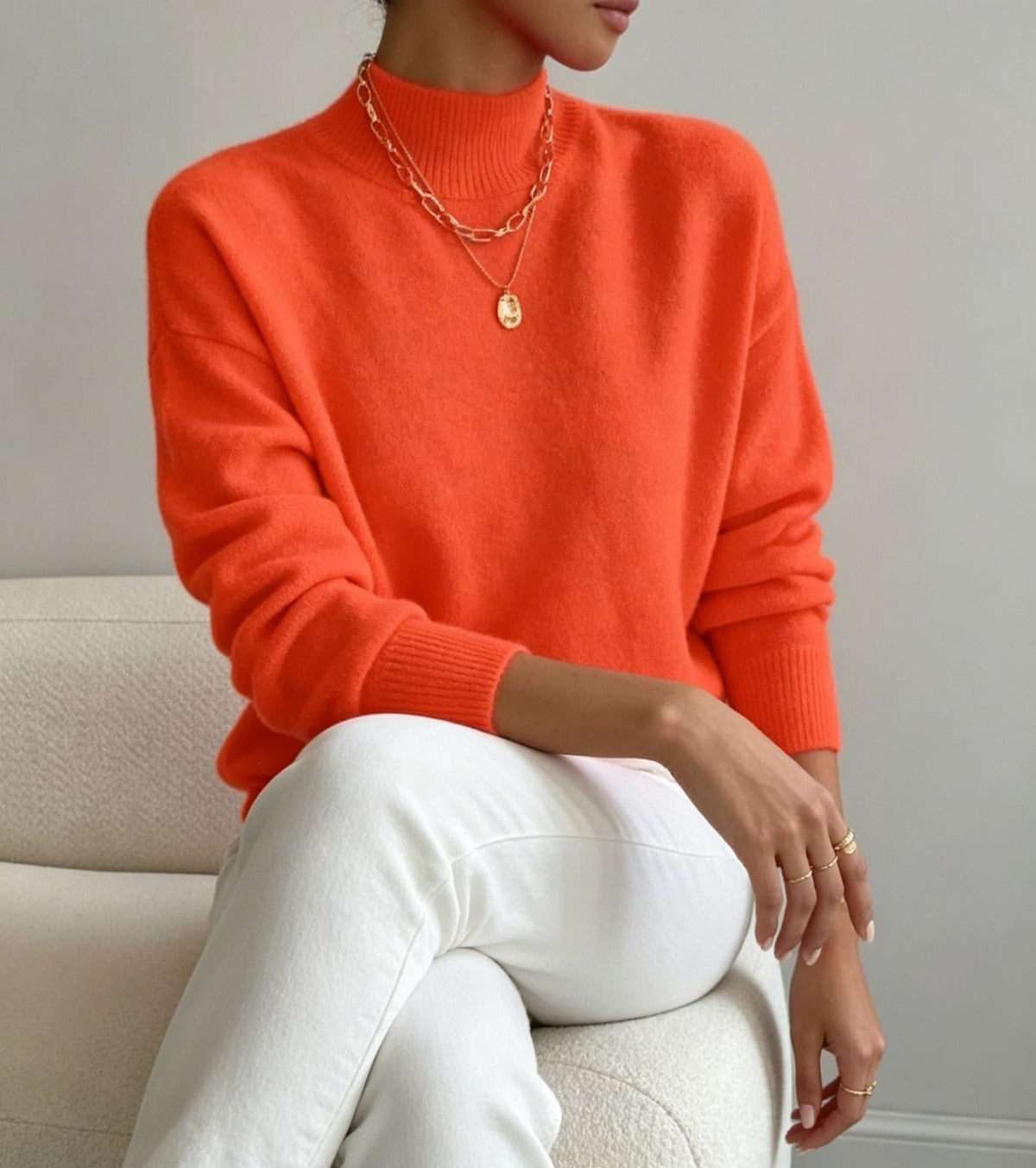 Women's Cozy Fine-Knit Sweater with Stand-Up Collar and Drop Shoulders