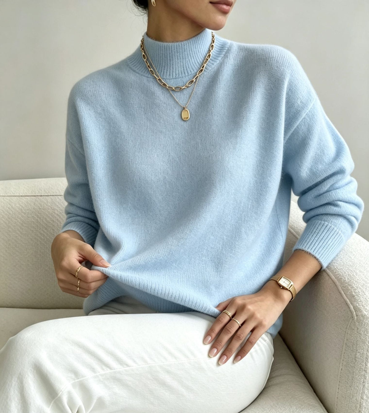 Women's Cozy Fine-Knit Sweater with Stand-Up Collar and Drop Shoulders