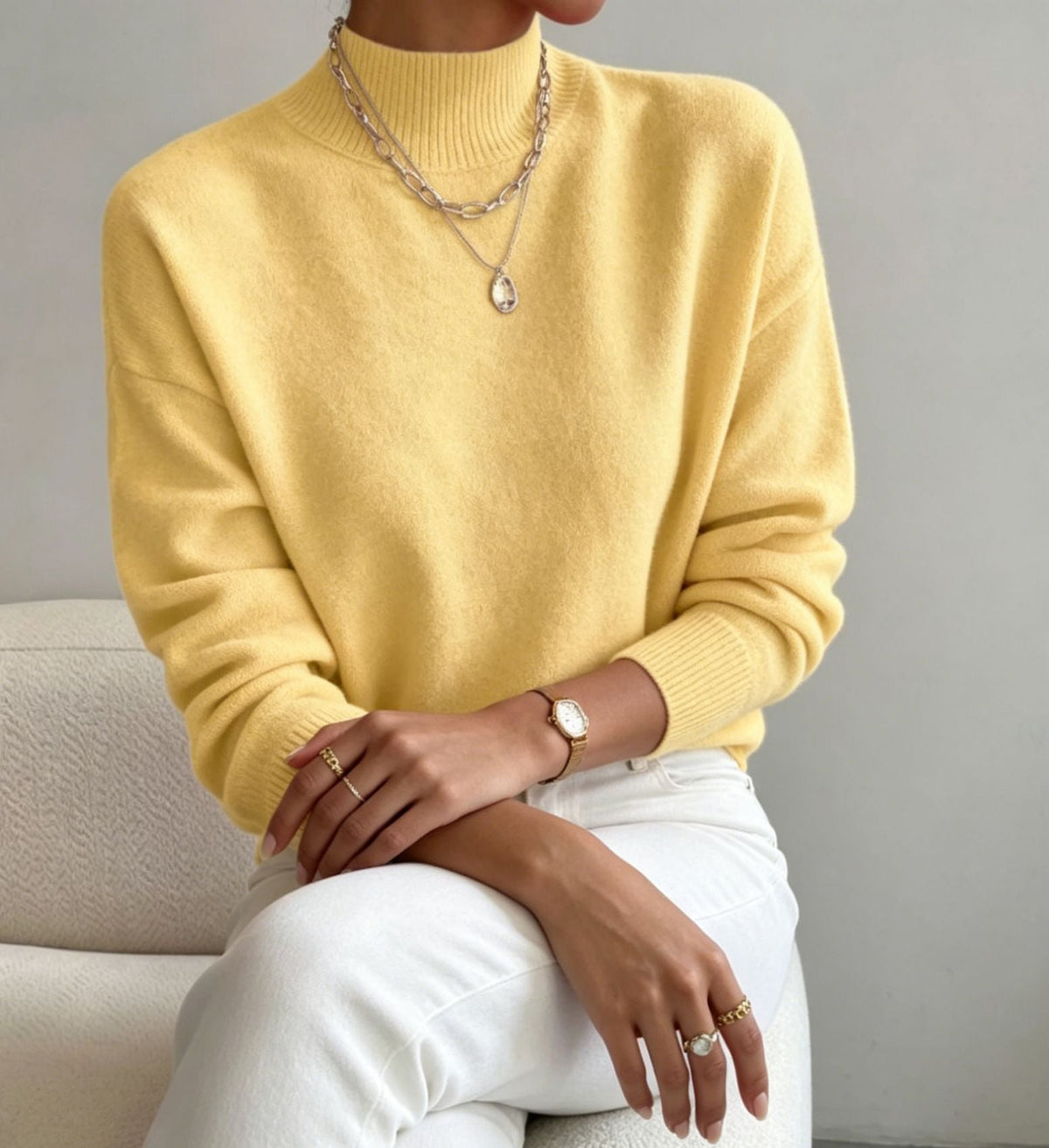 Women's Cozy Fine-Knit Sweater with Stand-Up Collar and Drop Shoulders