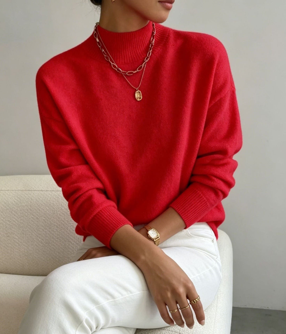 Women's Cozy Fine-Knit Sweater with Stand-Up Collar and Drop Shoulders
