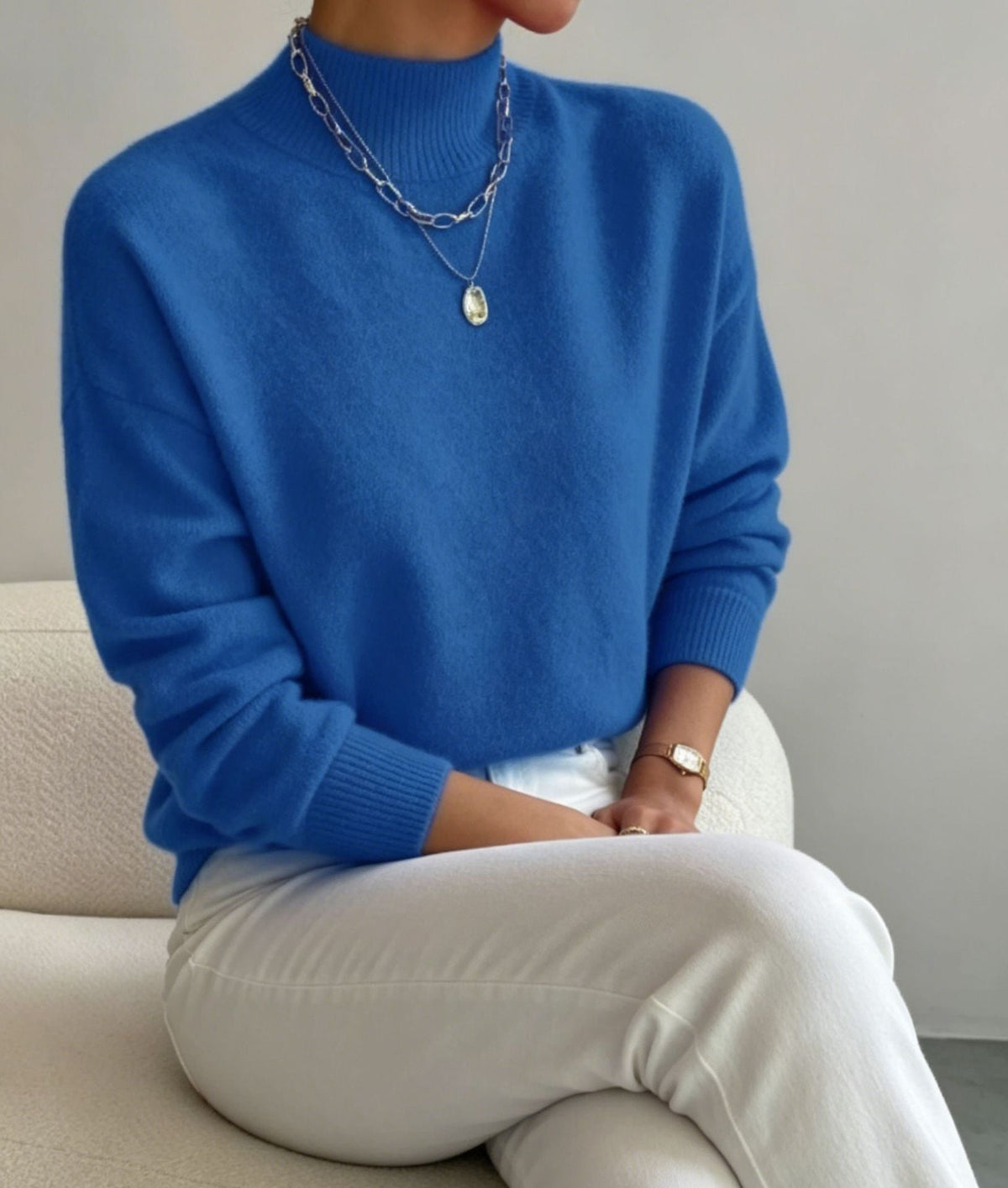 Women's Cozy Fine-Knit Sweater with Stand-Up Collar and Drop Shoulders
