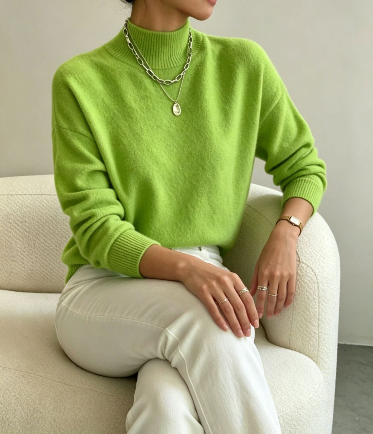 Women's Cozy Fine-Knit Sweater with Stand-Up Collar and Drop Shoulders