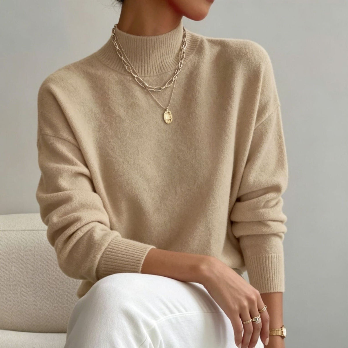 Women's Cozy Fine-Knit Sweater with Stand-Up Collar and Drop Shoulders