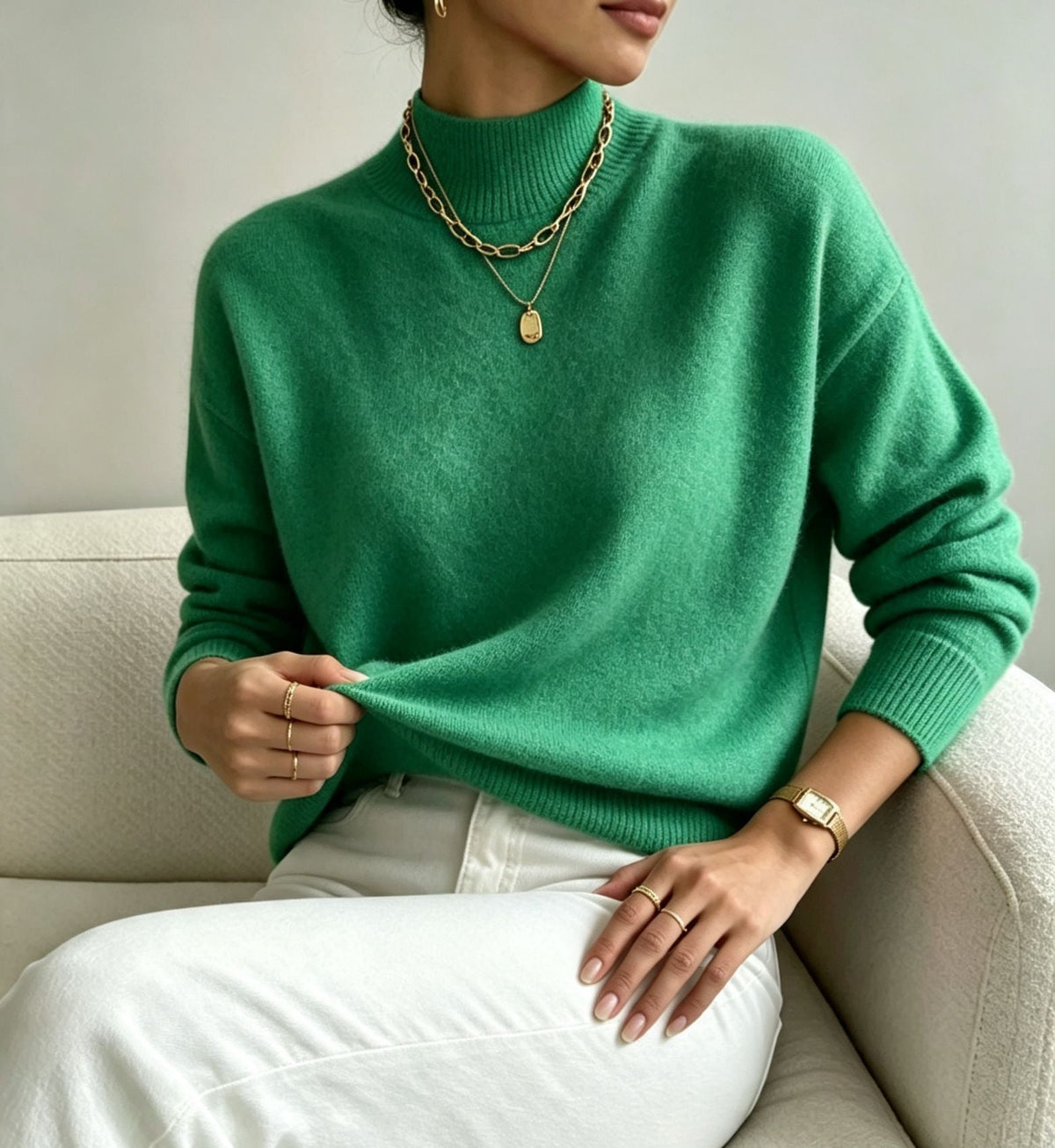 Women's Cozy Fine-Knit Sweater with Stand-Up Collar and Drop Shoulders