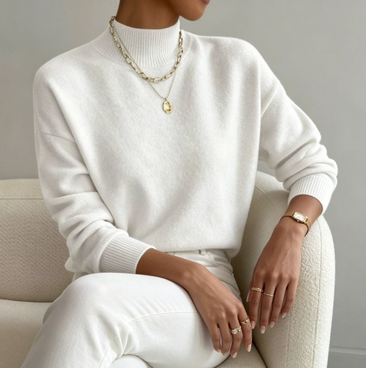 Women's Cozy Fine-Knit Sweater with Stand-Up Collar and Drop Shoulders