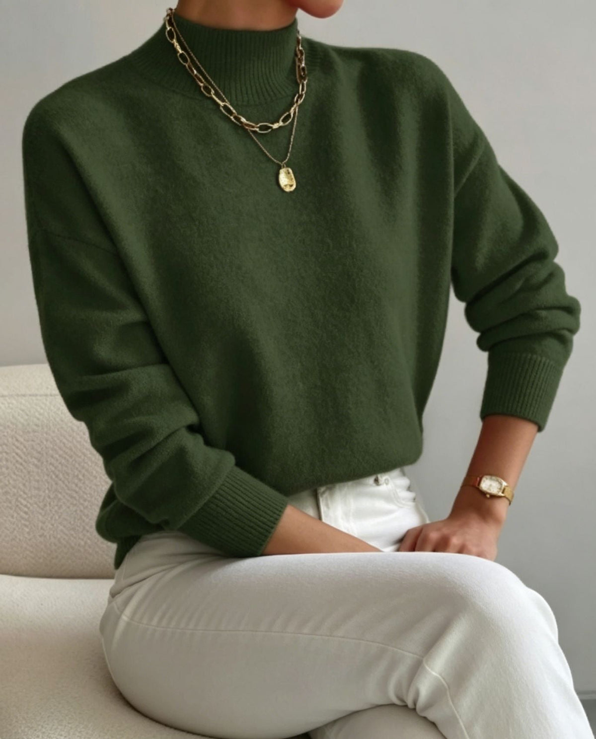 Women's Cozy Fine-Knit Sweater with Stand-Up Collar and Drop Shoulders