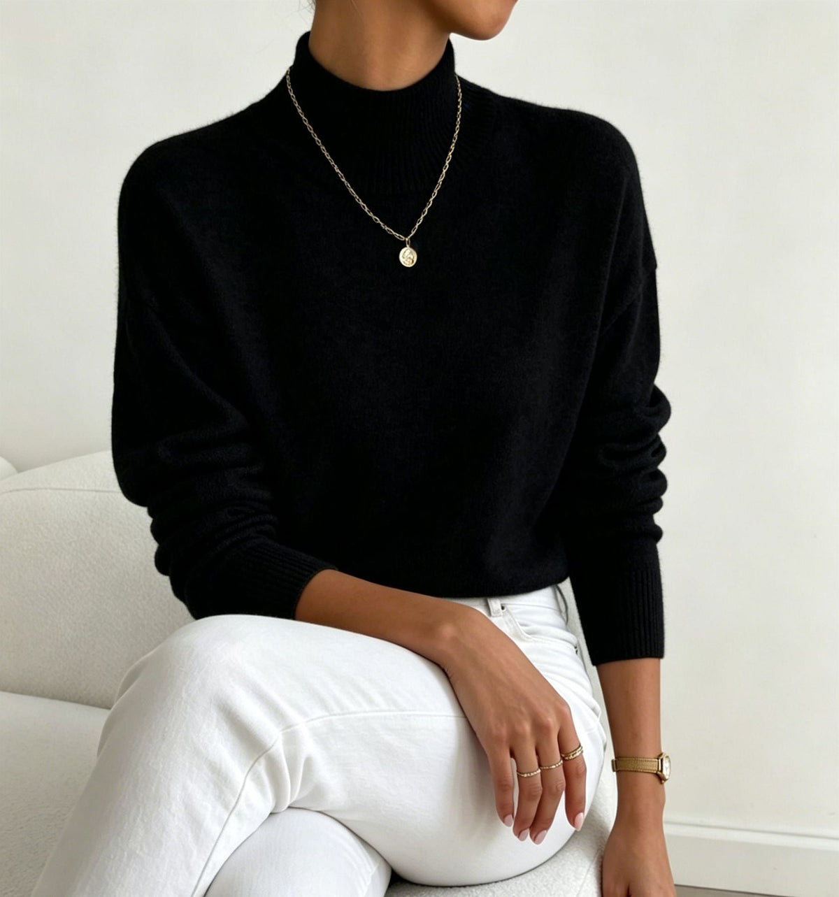 Women's Cozy Fine-Knit Sweater with Stand-Up Collar and Drop Shoulders