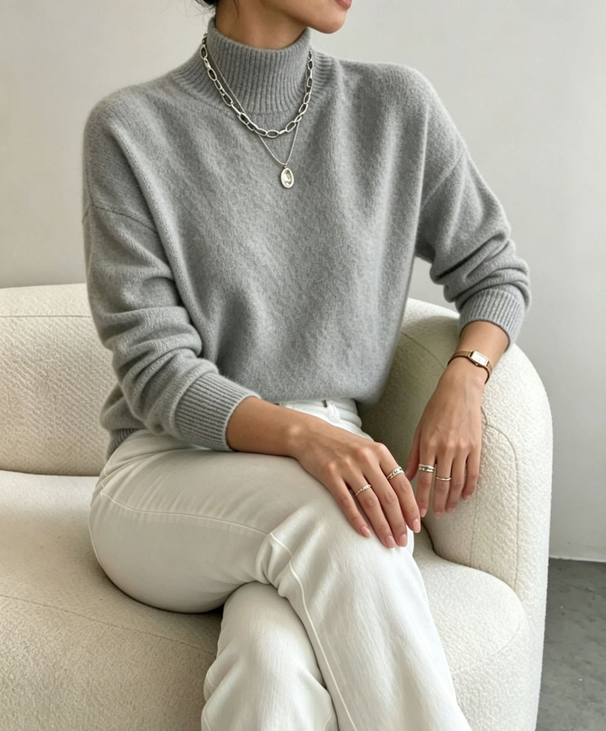 Women's Cozy Fine-Knit Sweater with Stand-Up Collar and Drop Shoulders