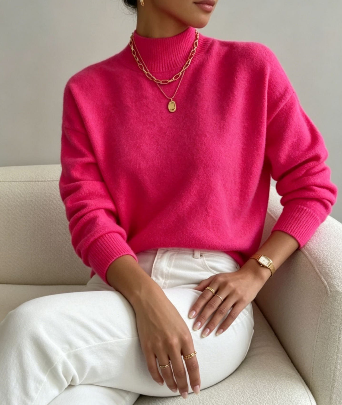 Women's Cozy Fine-Knit Sweater with Stand-Up Collar and Drop Shoulders