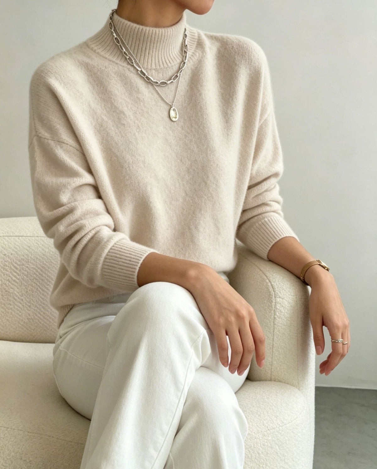 Women's Cozy Fine-Knit Sweater with Stand-Up Collar and Drop Shoulders