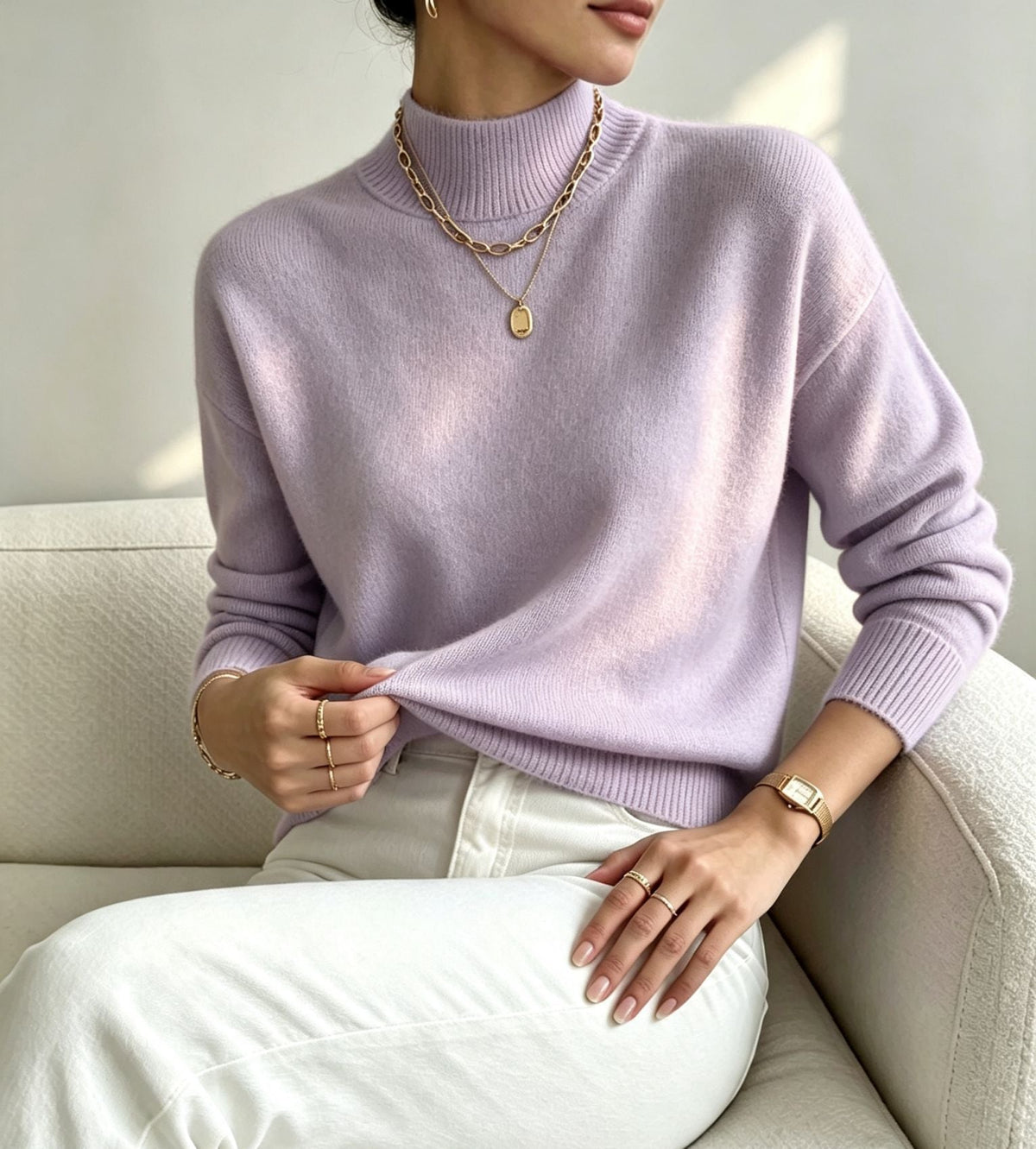 Women's Cozy Fine-Knit Sweater with Stand-Up Collar and Drop Shoulders