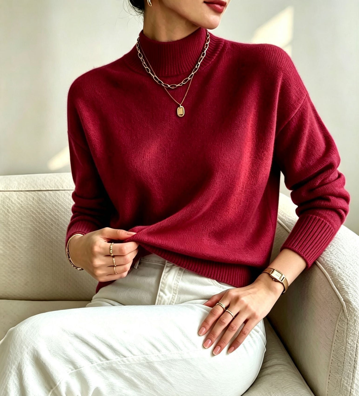Women's Cozy Fine-Knit Sweater with Stand-Up Collar and Drop Shoulders