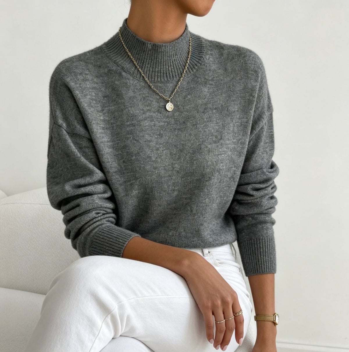 Women's Cozy Fine-Knit Sweater with Stand-Up Collar and Drop Shoulders