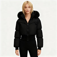 Women's Cropped Down Jacket with Detachable Hood and Faux Fur Trim