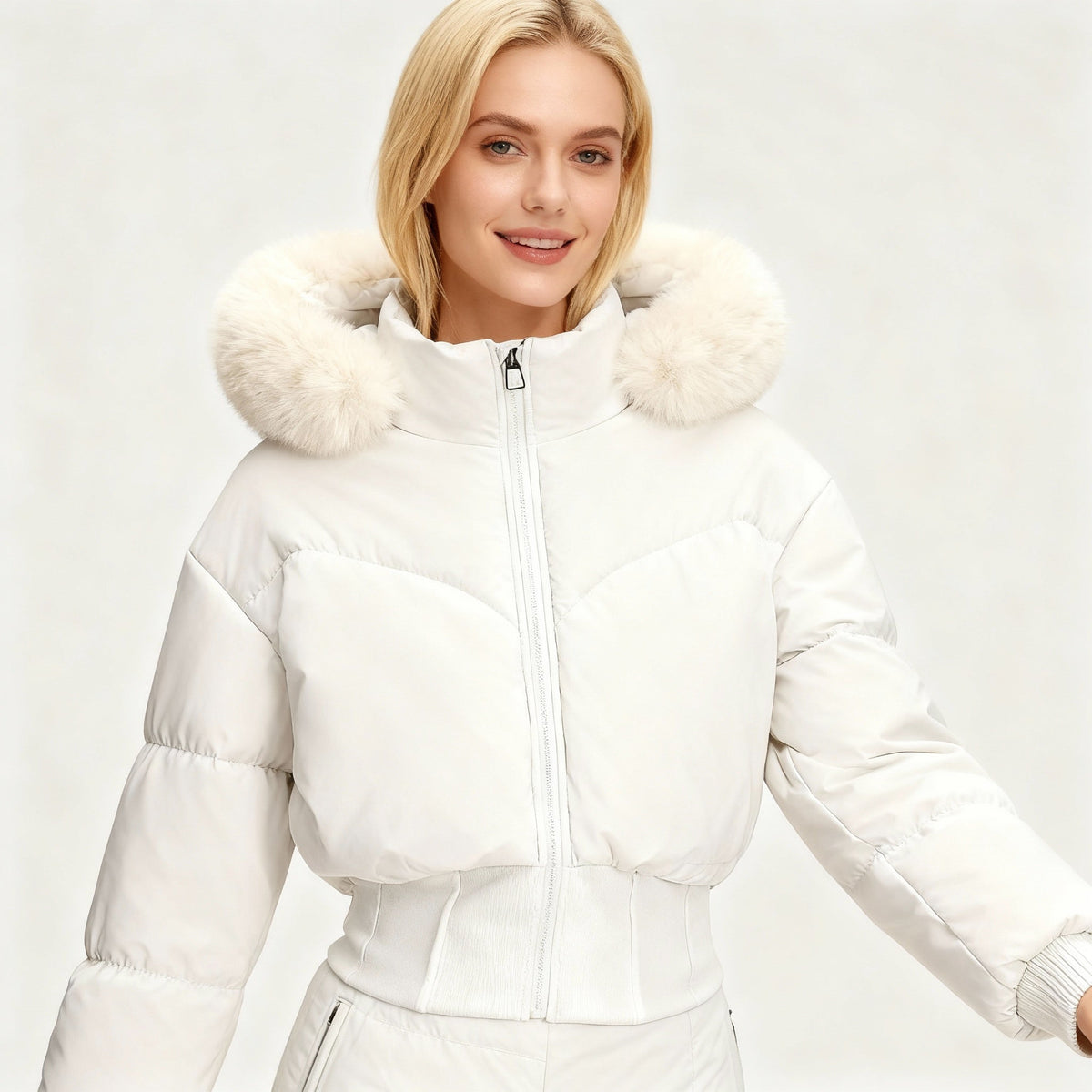 Women's Cropped Down Jacket with Detachable Hood and Faux Fur Trim