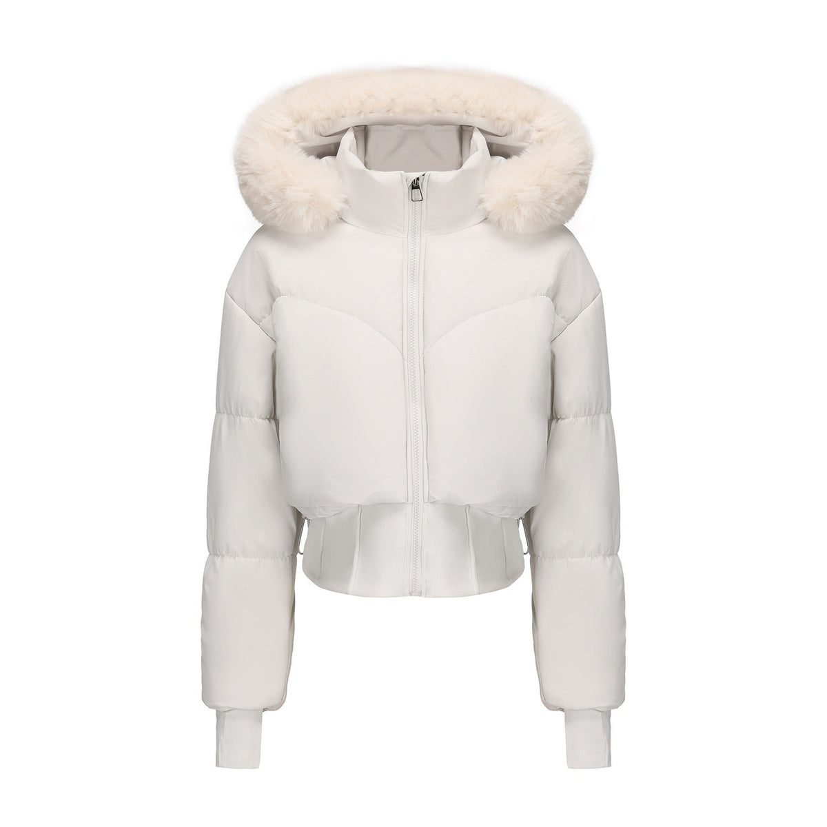 Women's Cropped Down Jacket with Detachable Hood and Faux Fur Trim