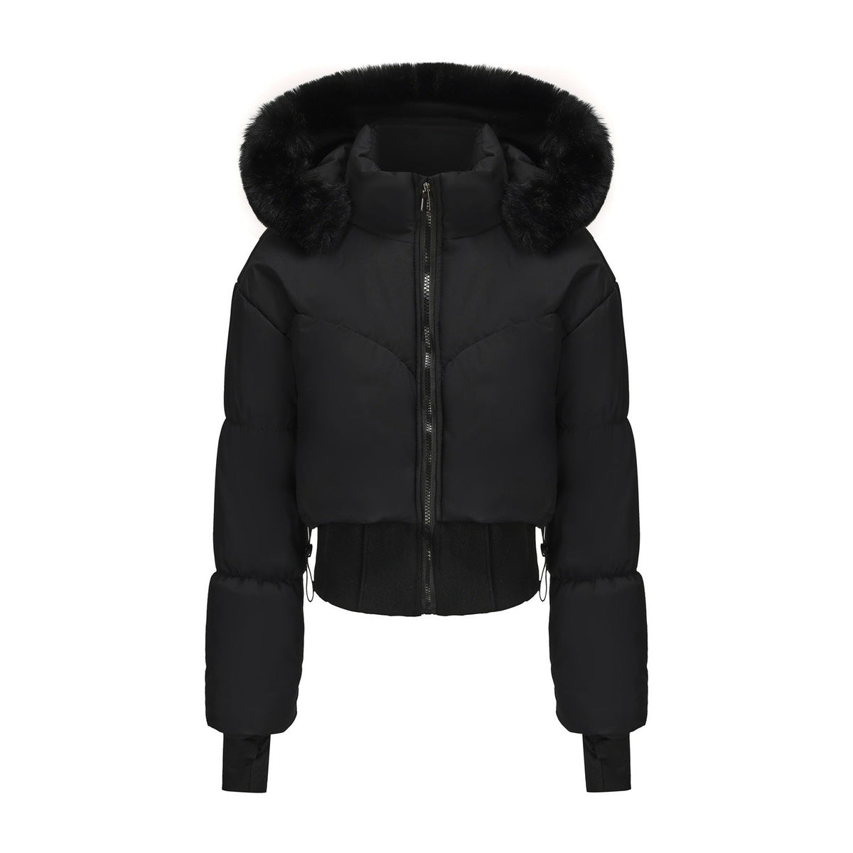 Women's Cropped Down Jacket with Detachable Hood and Faux Fur Trim