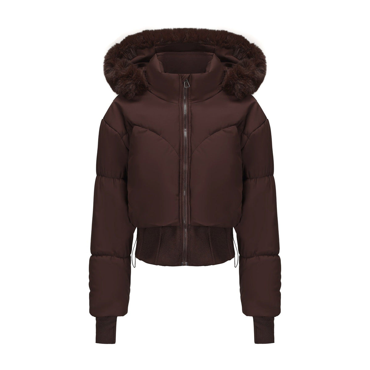 Women's Cropped Down Jacket with Detachable Hood and Faux Fur Trim