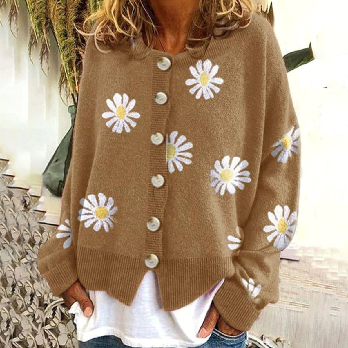 Women's Daisy Floral Button-Front Relaxed Knit Winter Cardigan