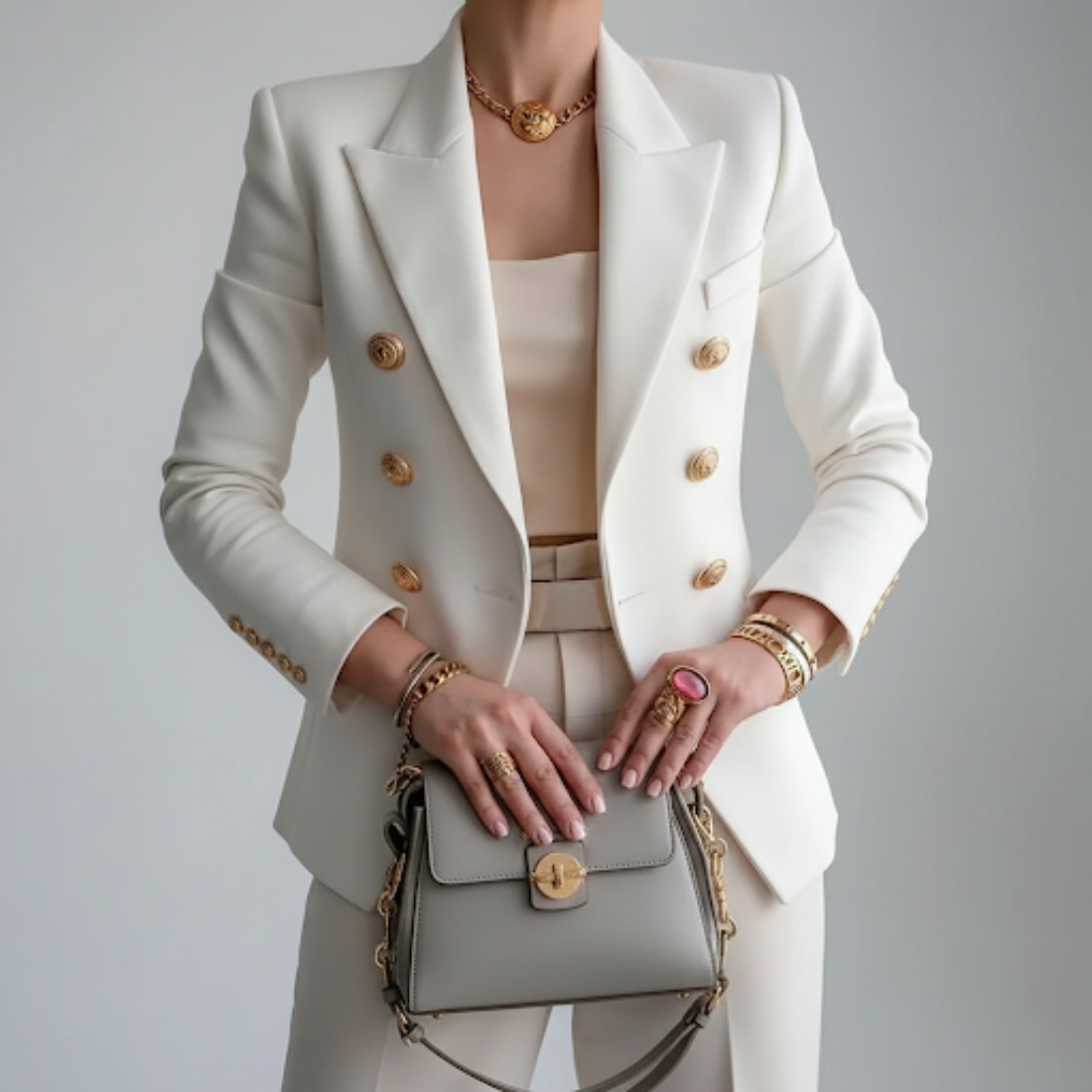 Women's Double-Breasted Blazer with Buttons - Elegant Long-Sleeve Suit Jacket