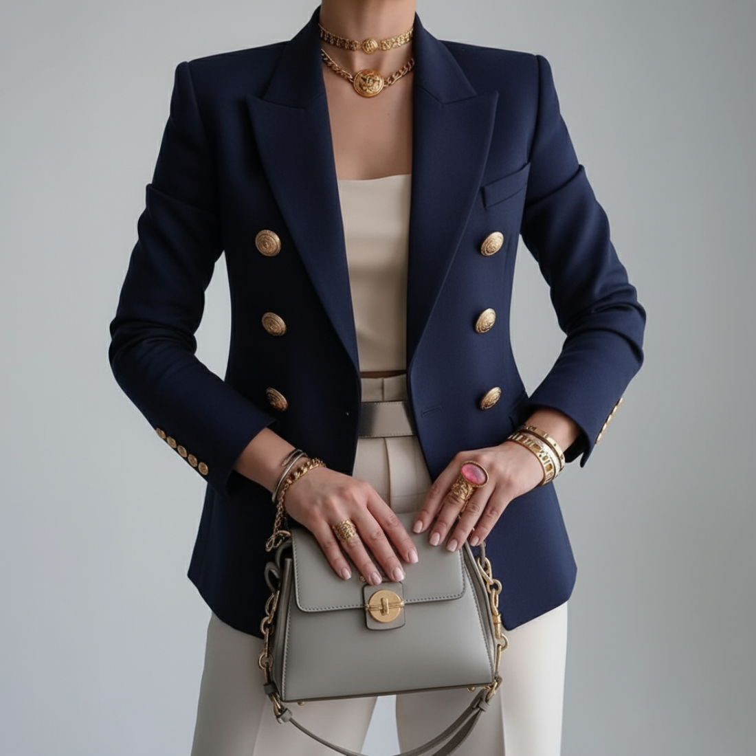 Women's Double-Breasted Blazer with Buttons - Elegant Long-Sleeve Suit Jacket