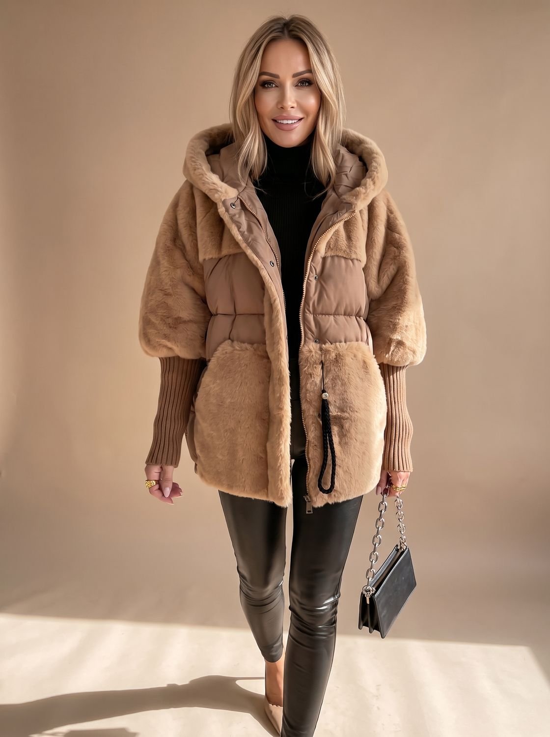 Women's Faux Fur Plush Hooded Quilted Winter Coat