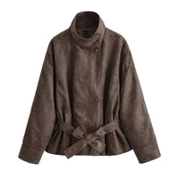 Women's Faux Suede Short Jacket with Stand Collar and Tie Belt