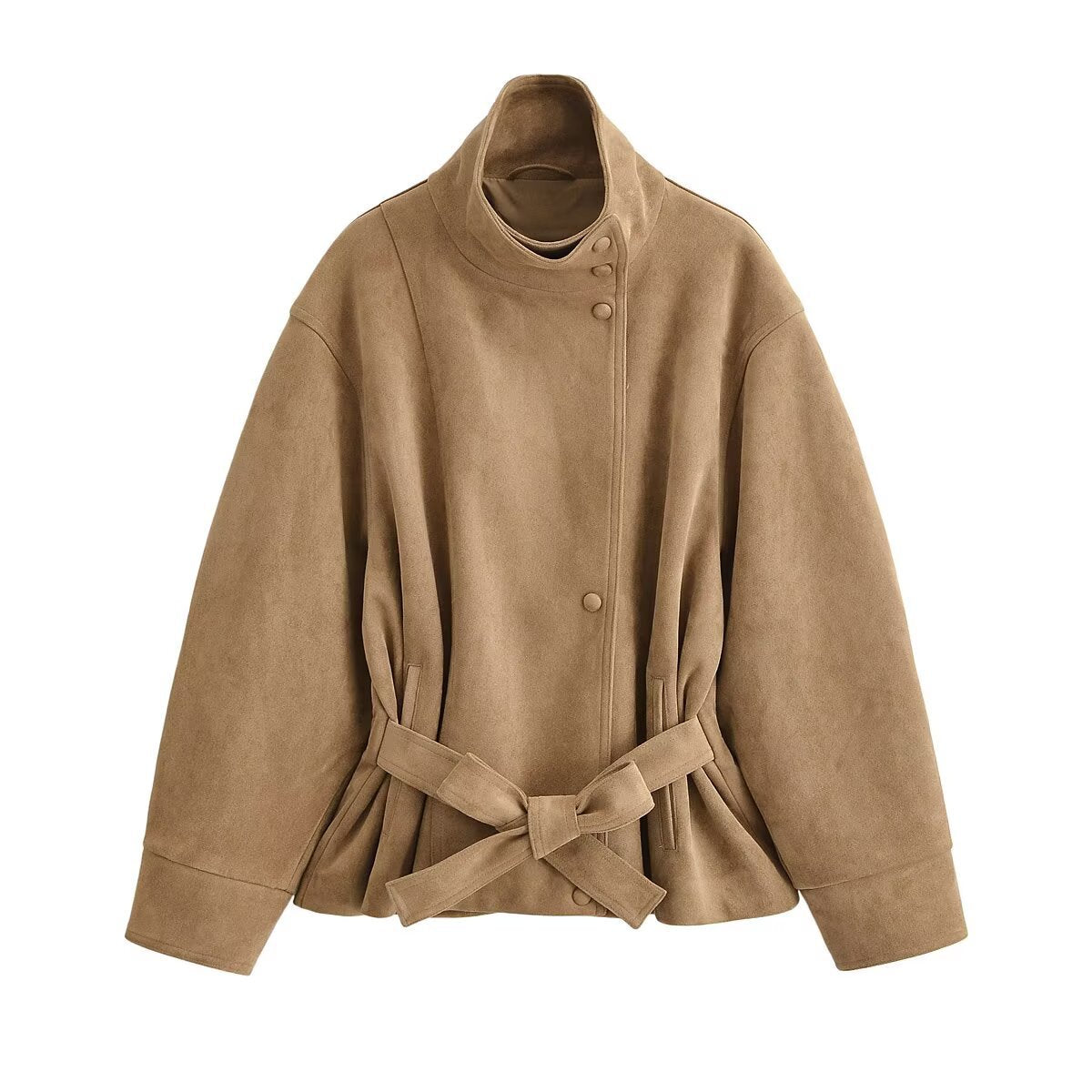 Women's Faux Suede Short Jacket with Stand Collar and Tie Belt